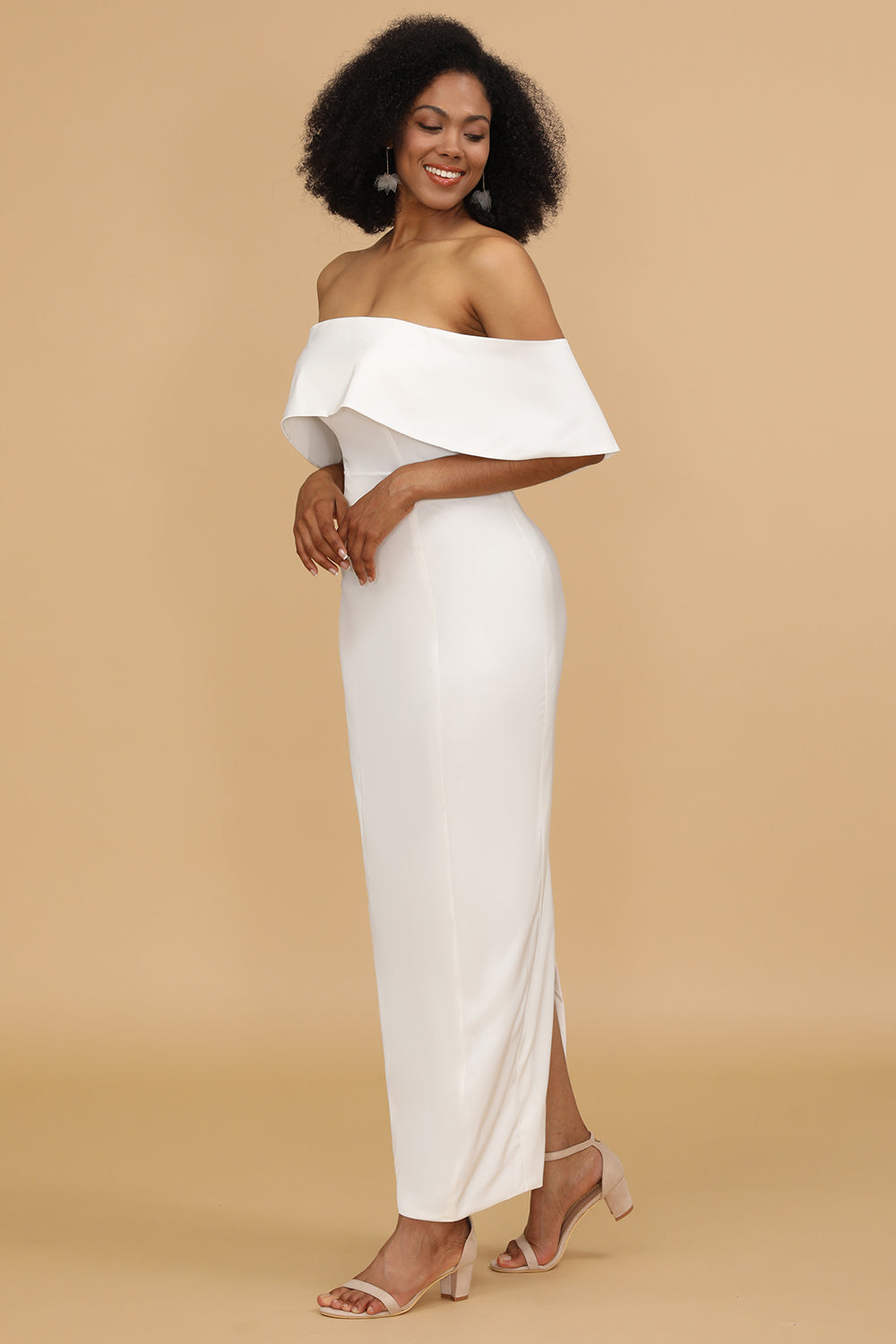Weißes Schulterfreies Satin Brautjungfer Kleid