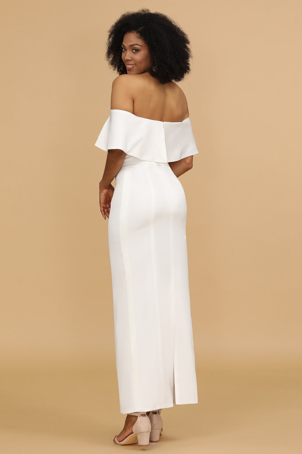 Weißes Schulterfreies Satin Brautjungfer Kleid