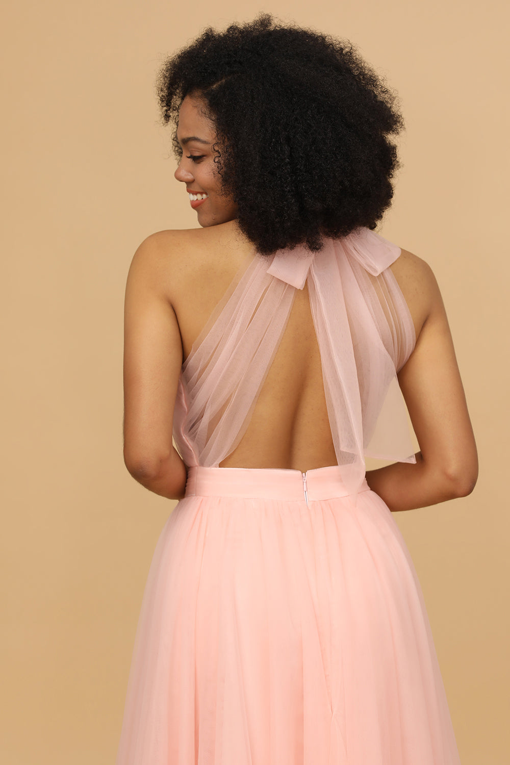 A-Line Neckholder Blush Langes Brautjungfer Kleid