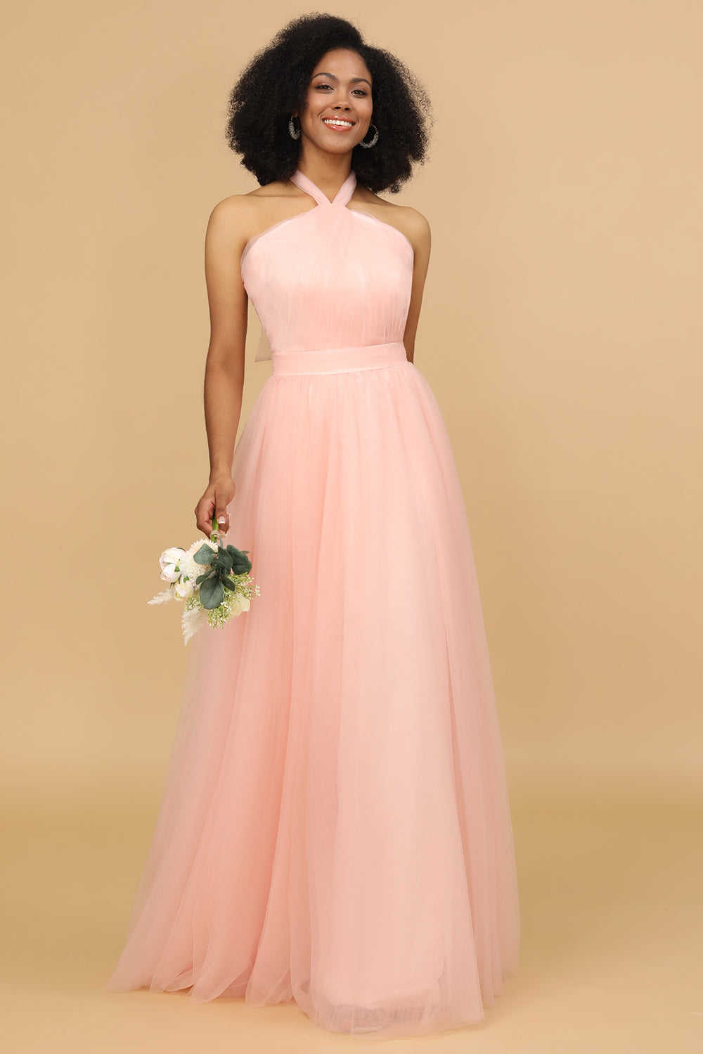 A-Line Neckholder Blush Langes Brautjungfer Kleid