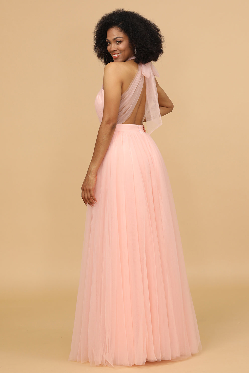 A-Line Neckholder Blush Langes Brautjungfer Kleid