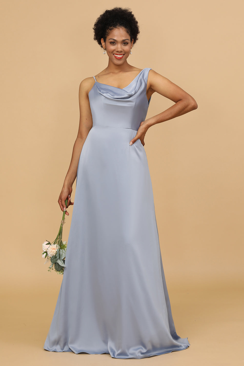 A-Linie Asymmetrischer Ausschnitt Grau Blau Satin Langes Brautjungfer Kleid