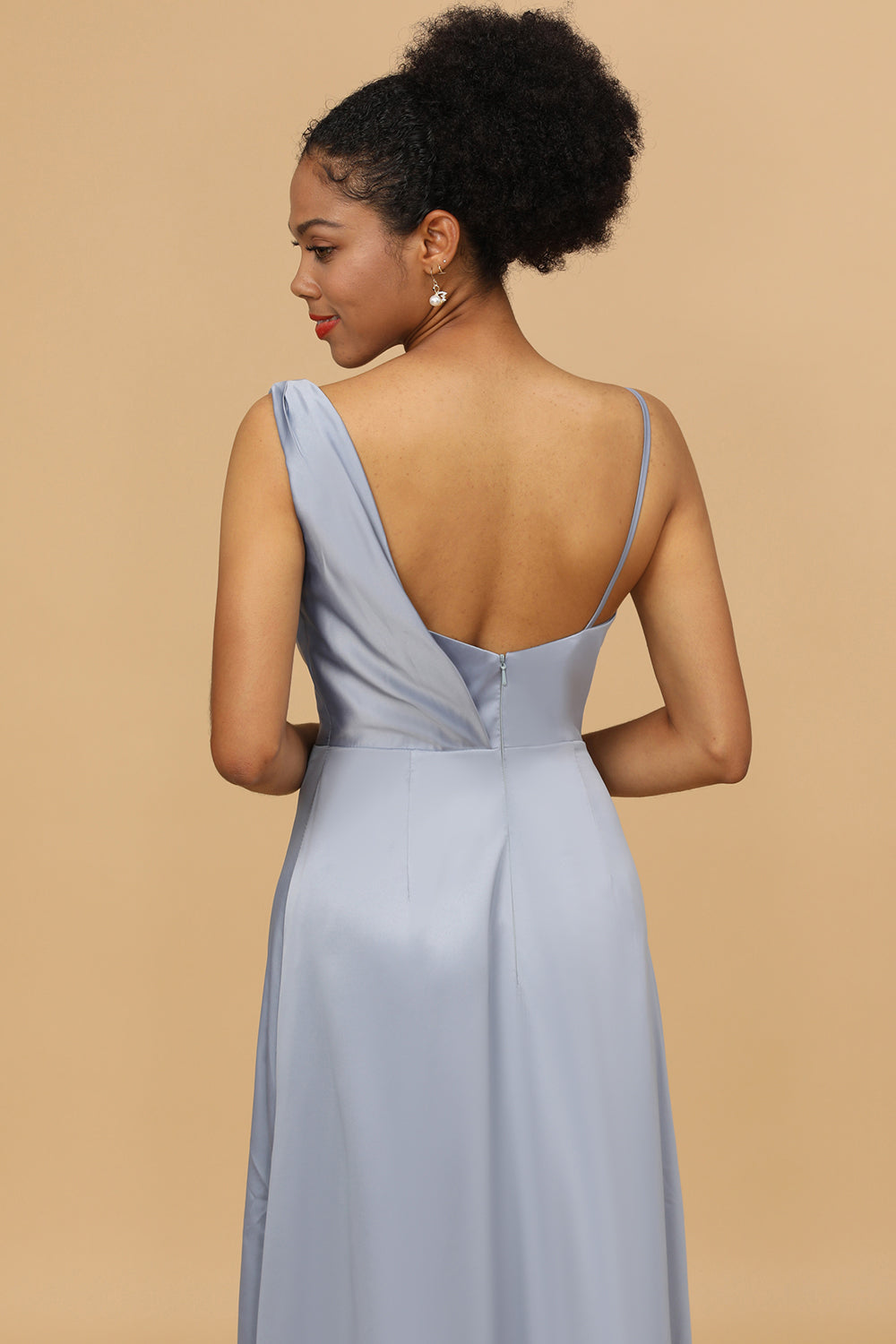 A-Linie Asymmetrischer Ausschnitt Grau Blau Satin Langes Brautjungfer Kleid