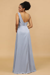 A-Linie Asymmetrischer Ausschnitt Grau Blau Satin Langes Brautjungfer Kleid