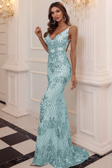 Blaues Pailletten langes Ballkleid