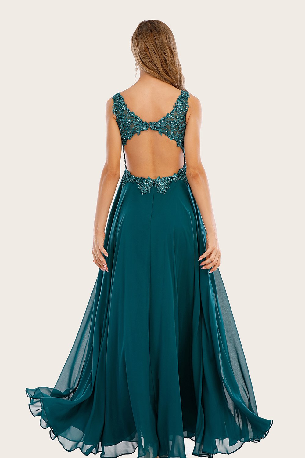 Blau Chiffon Langes Ballkleid mit Strass