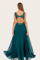 Blau Chiffon Langes Ballkleid mit Strass