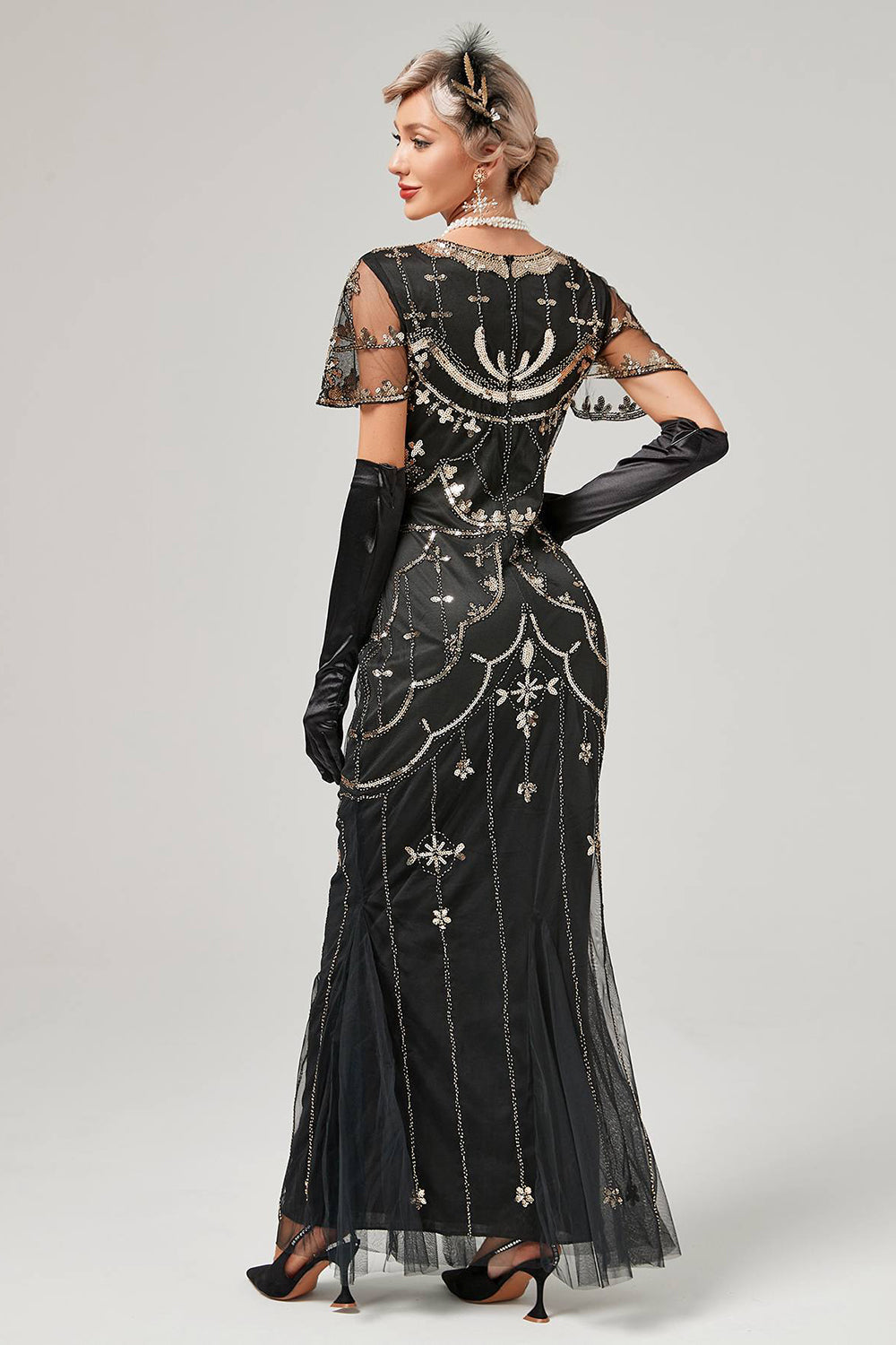 Schwarzes rosa Paillettenkleid aus den 1920er Jahren