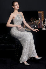 Silber Neckholder Pailletten Partykleid