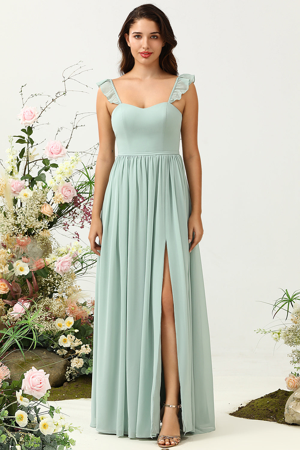 A Linie Spaghettiträger Dusty Sage Langes Brautjungfernkleid mit Rüschen