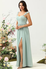 A Linie Spaghettiträger Dusty Sage Langes Brautjungfernkleid mit Rüschen
