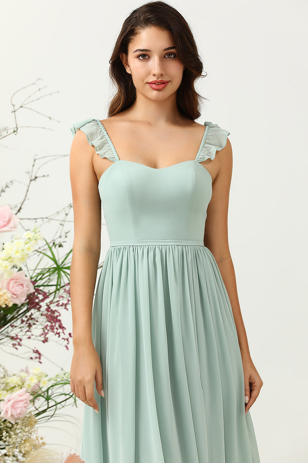 A Linie Spaghettiträger Dusty Sage Langes Brautjungfernkleid mit Rüschen