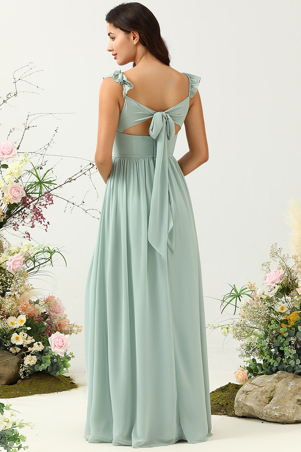 A Linie Spaghettiträger Dusty Sage Langes Brautjungfernkleid mit Rüschen