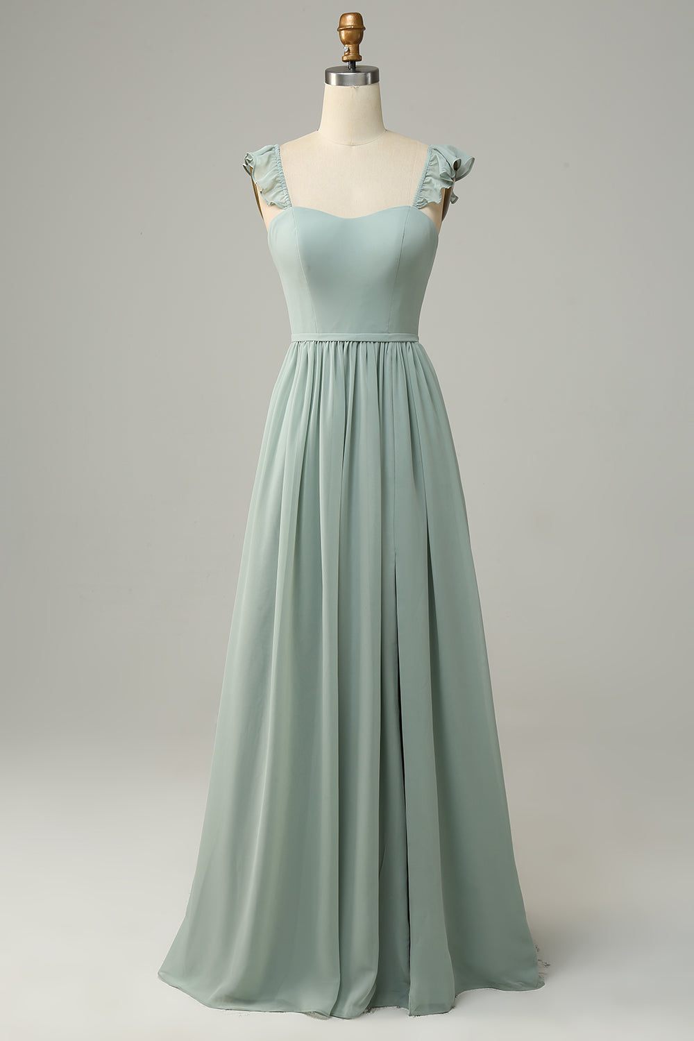 A Linie Spaghettiträger Dusty Sage Langes Brautjungfernkleid mit Rüschen