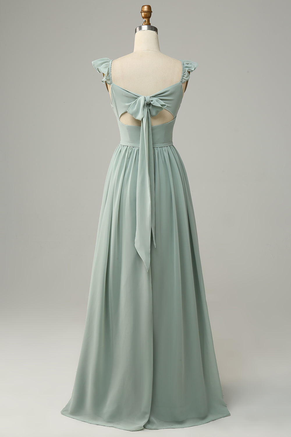 A Linie Spaghettiträger Dusty Sage Langes Brautjungfernkleid mit Rüschen