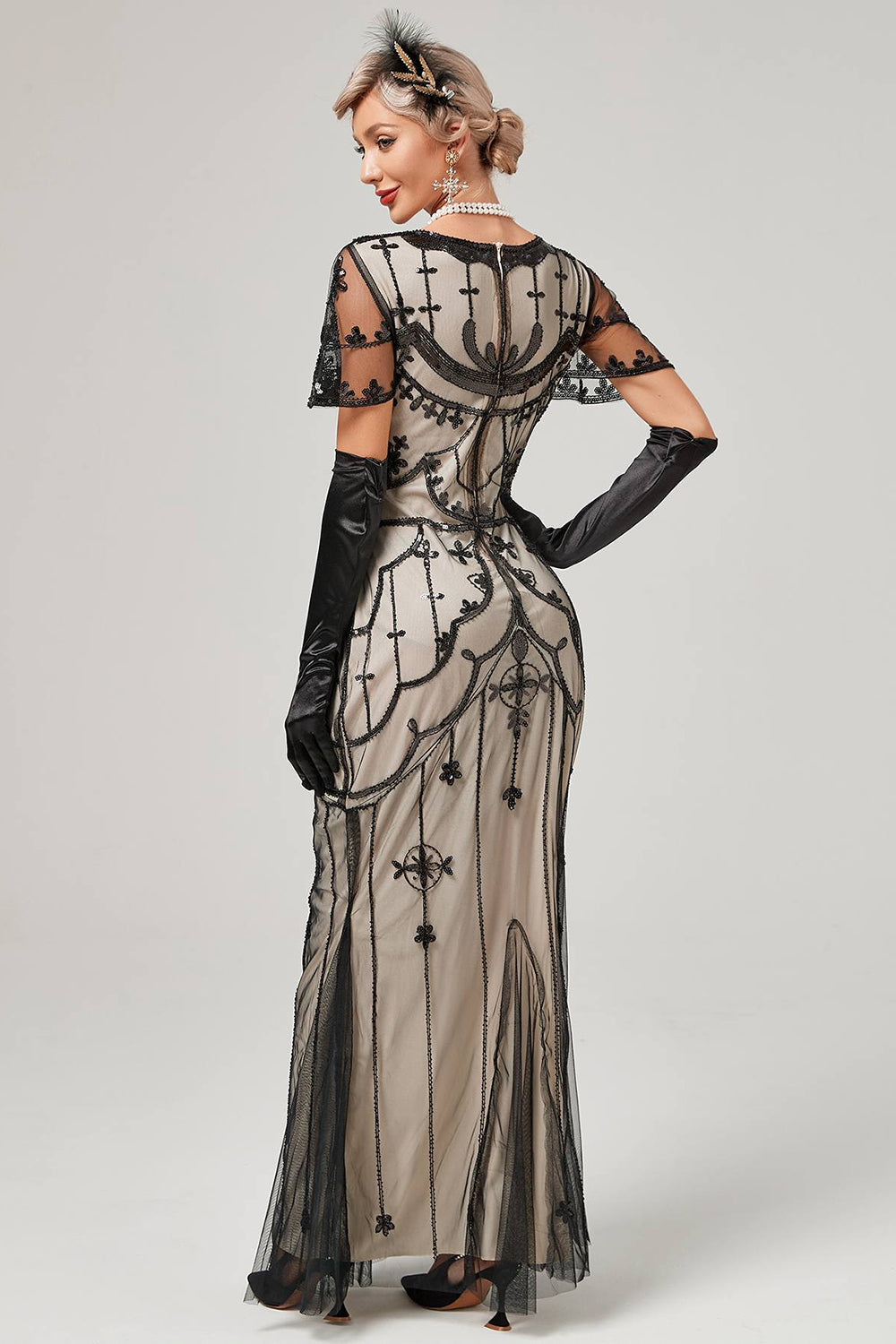 Schwarzes rosa Paillettenkleid aus den 1920er Jahren
