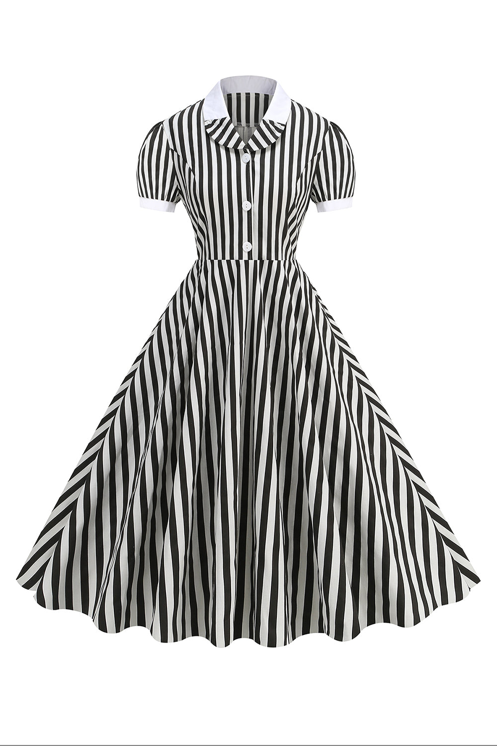 Schwarzes A-Linie Kleid mit Streifen aus den 1950er Jahren und Ärmeln