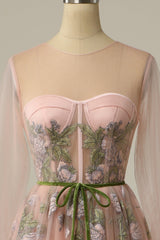 A Linie Jewel Light Nude Langes Ballkleid mit Stickerei