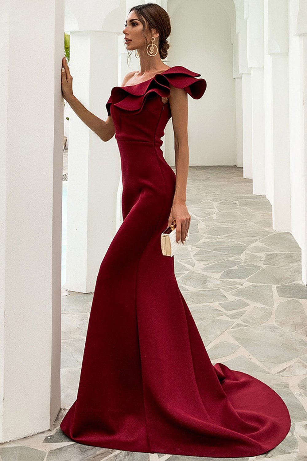 Eine Schulter Meerjungfrau Burgundy Ballkleid