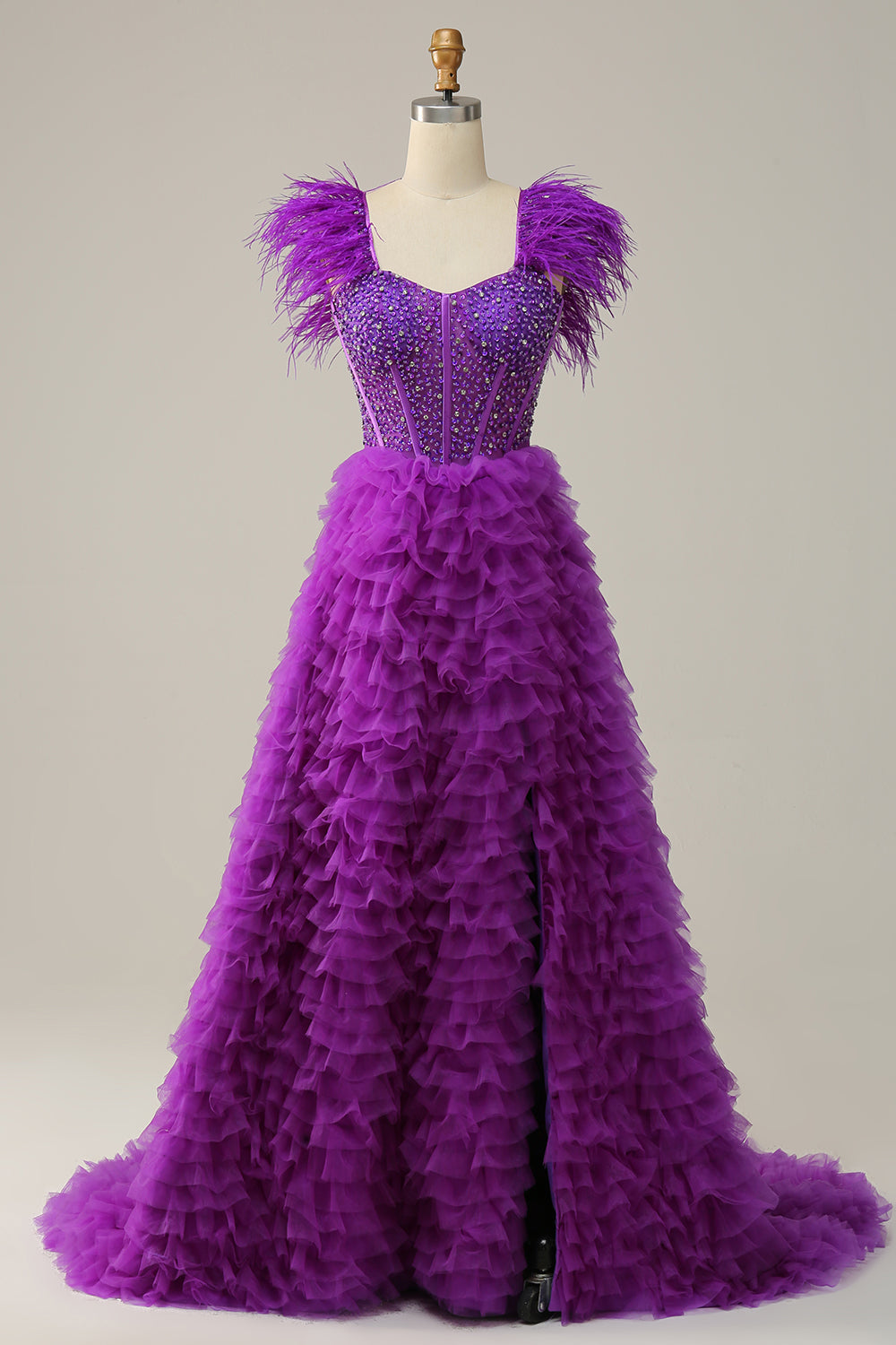 A Linie Herzausschnitt Lila Langes Ballkleid mit Perlen und Federn