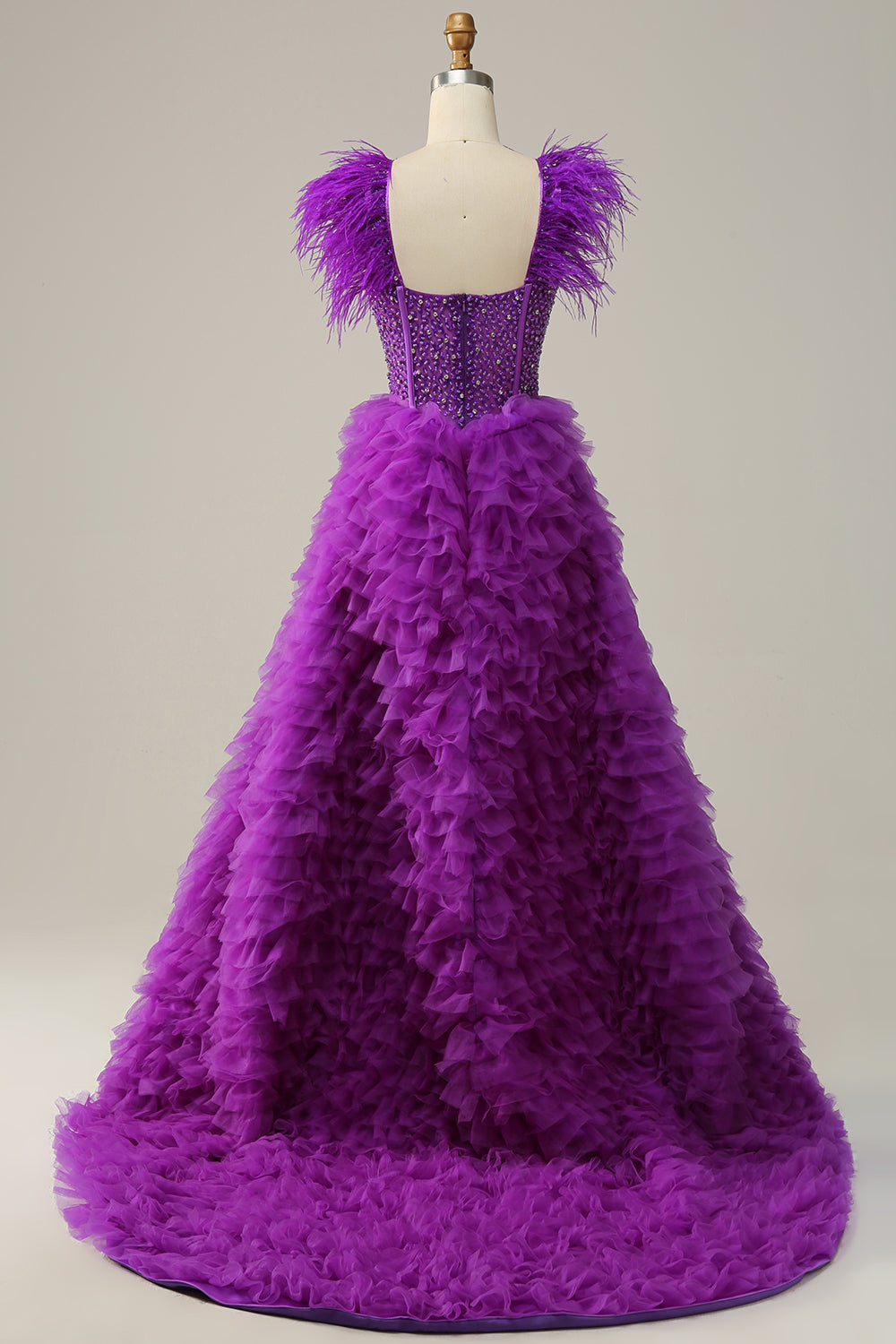 A Linie Herzausschnitt Lila Langes Ballkleid mit Perlen und Federn