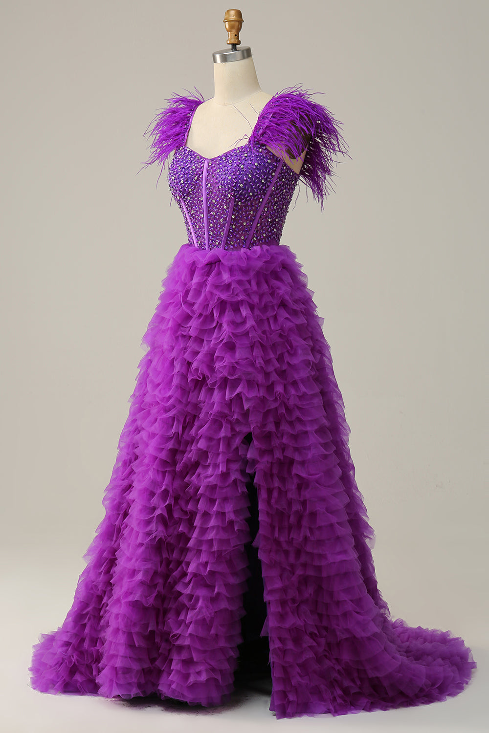 A Linie Herzausschnitt Lila Langes Ballkleid mit Perlen und Federn