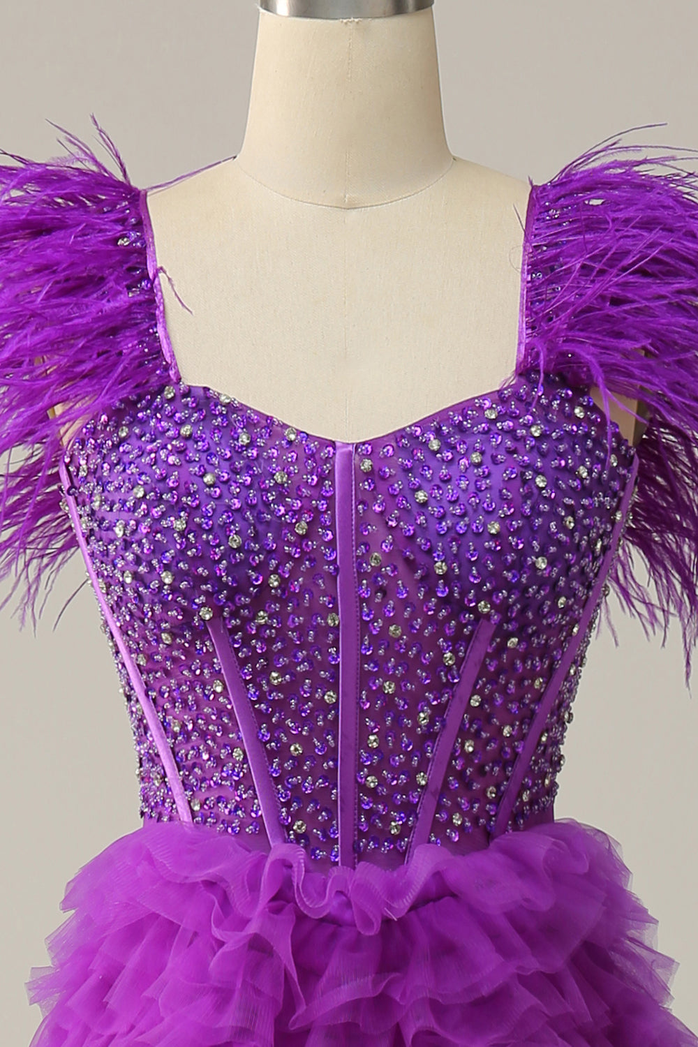 A Linie Herzausschnitt Lila Langes Ballkleid mit Perlen und Federn