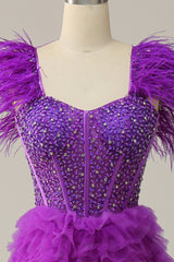 A Linie Herzausschnitt Lila Langes Ballkleid mit Perlen und Federn