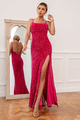 Fuchsia Spaghetti Träger Pailletten Ballkleid