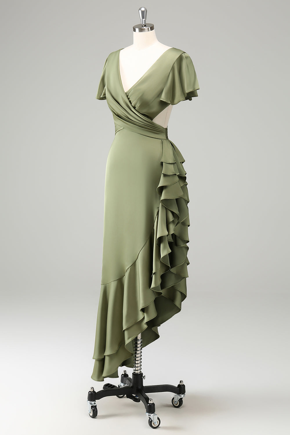 Olive Satin Etui Hochzeitsgastkleid mit V-Ausschnitt und Rüschen