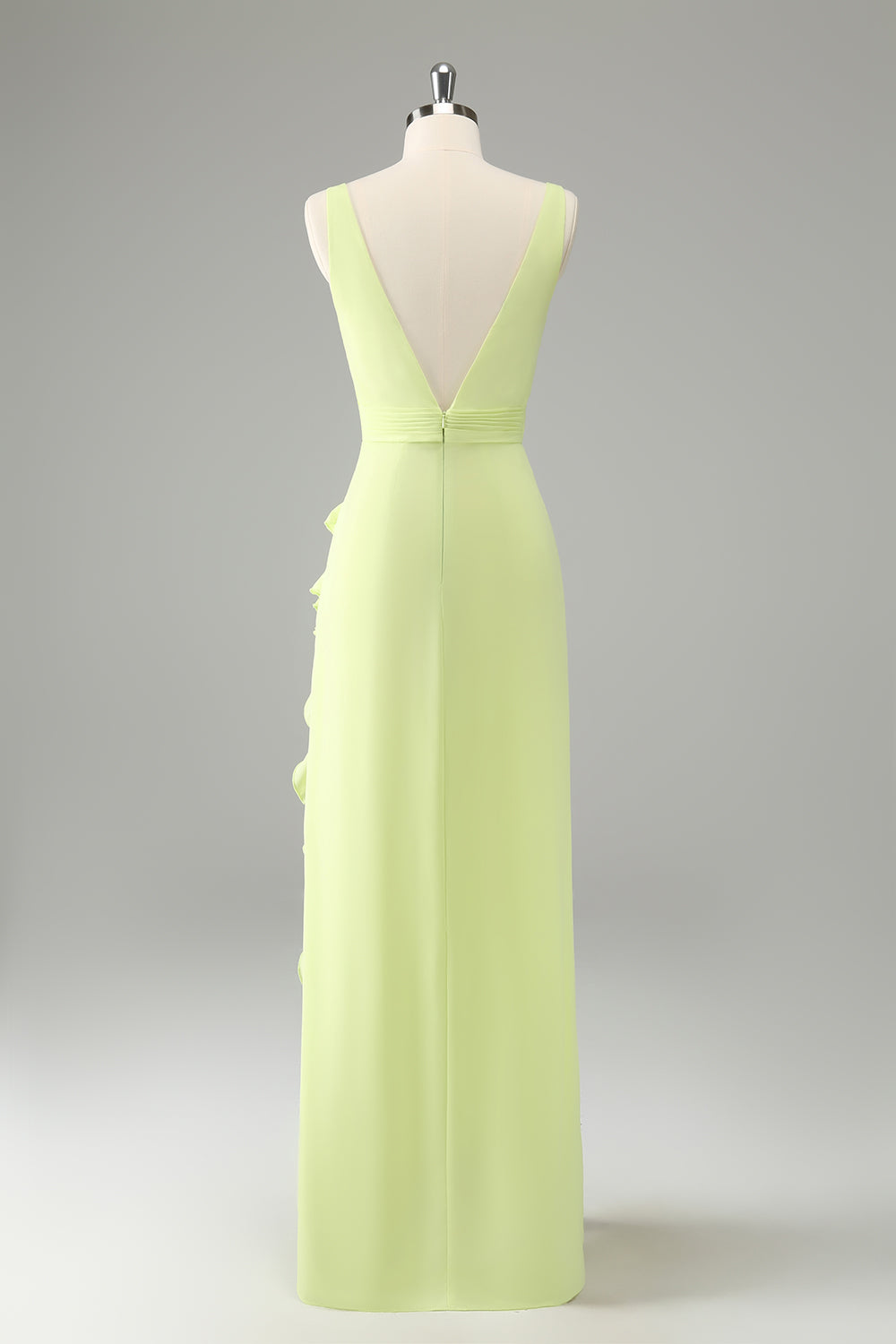 Zitrone Hochzeitsgastkleid mit tiefem V-Ausschnitt und Rüschen und Schlitz