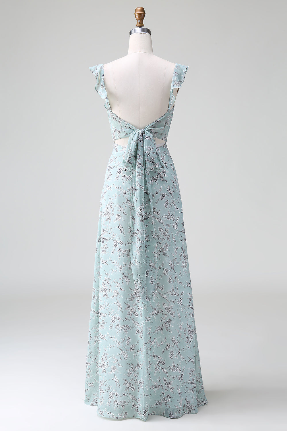 Graugrünes langes Brautjungfernkleid mit Blumendruck und Schlitz
