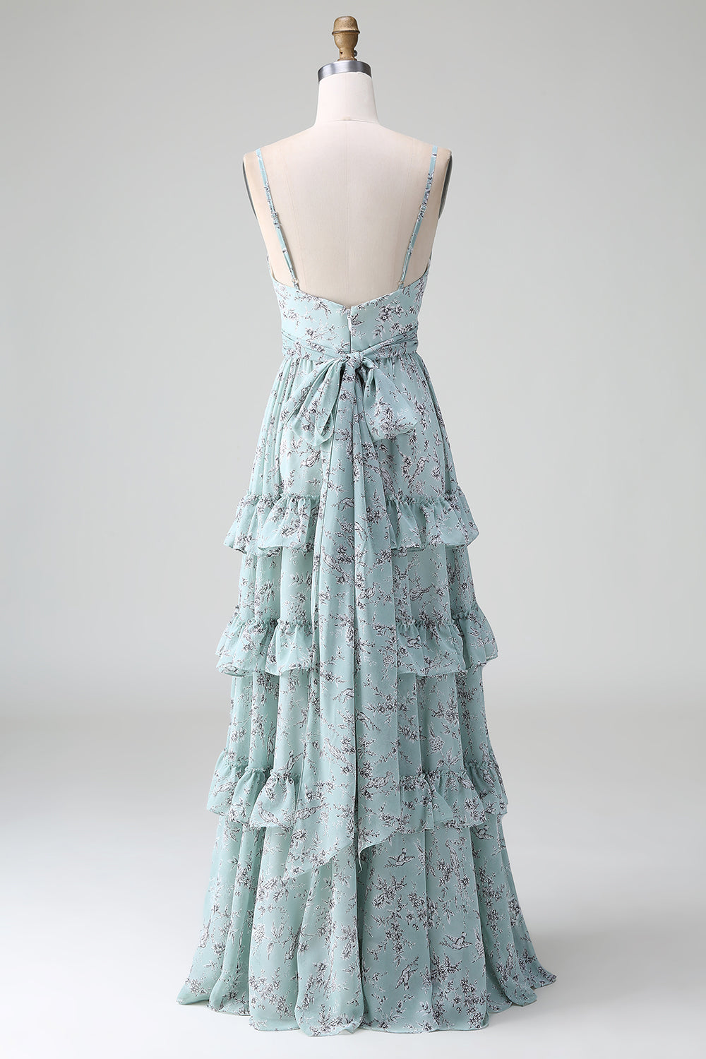 Graugrünes A-Linie langes Brautjungfernkleid mit Spaghettiträgern und Rüschen