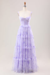 Lavendel A-Linie Korsett Spaghettiträger Blumen gestuftes langes Brautjungfernkleid