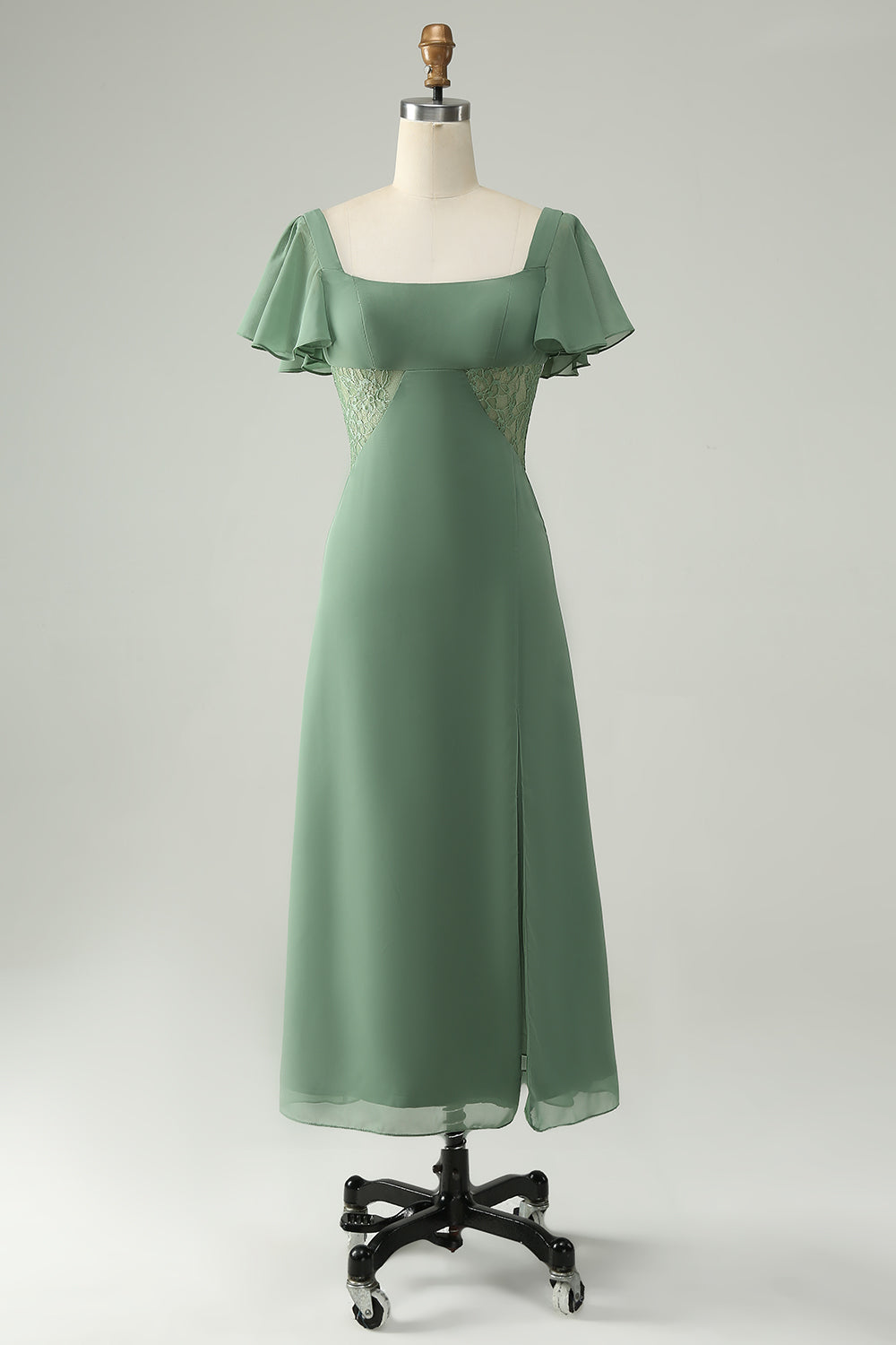 A Linie Eukalyptus Chiffon Brautjungfernkleid mit quadratischem Ausschnitt und Schlitz