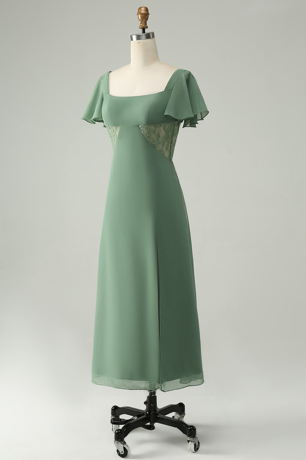 A Linie Eukalyptus Chiffon Brautjungfernkleid mit quadratischem Ausschnitt und Schlitz