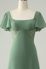 A Linie Eukalyptus Chiffon Brautjungfernkleid mit quadratischem Ausschnitt und Schlitz