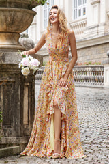 Gelbe kleine Blume A-Linie V-Ausschnitt Plissee Hochzeitsfeier Gästekleid mit Rüschen
