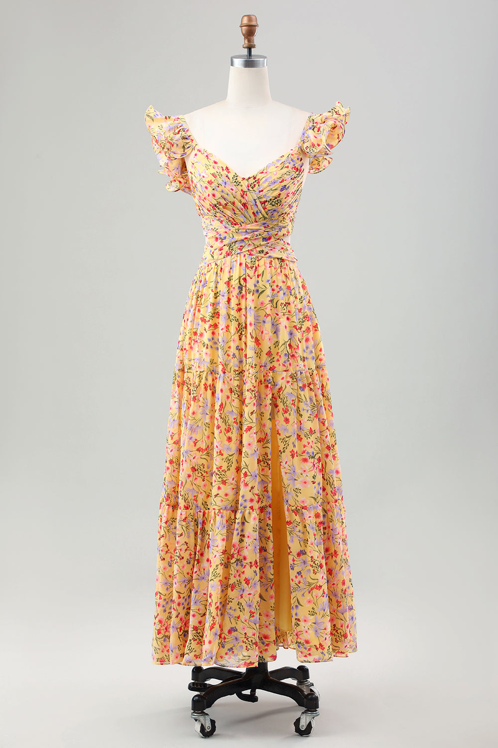 Gelbe Blume A Linie V-Ausschnitt Print Plissee Hochzeitsgastkleid mit Schlitz