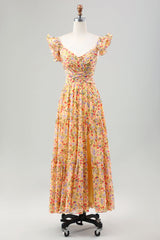 Gelbe Blume A Linie V-Ausschnitt Print Plissee Hochzeitsgastkleid mit Schlitz