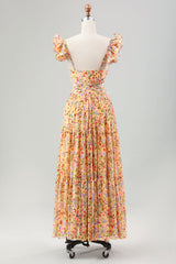 Gelbe Blume A Linie V-Ausschnitt Print Plissee Hochzeitsgastkleid mit Schlitz
