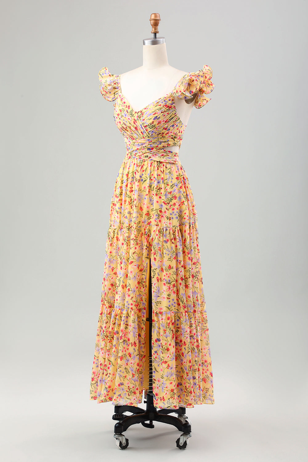 Gelbe Blume A Linie V-Ausschnitt Print Plissee Hochzeitsgastkleid mit Schlitz