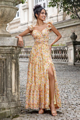Gelbe Blume A Linie V-Ausschnitt Print Plissee Hochzeitsfeier Gästekleid mit Schlitz