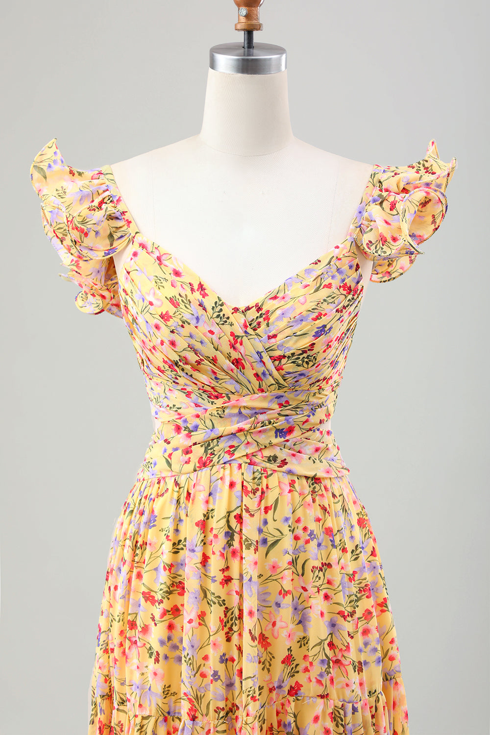 Gelbe Blume A Linie V-Ausschnitt Print Plissee Hochzeitsgastkleid mit Schlitz