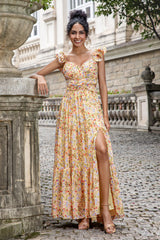 Gelbe Blume A Linie V-Ausschnitt Print Plissee Hochzeitsfeier Gästekleid mit Schlitz