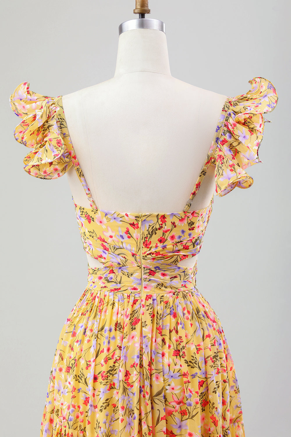 Gelbe Blume A Linie V-Ausschnitt Print Plissee Hochzeitsgastkleid mit Schlitz