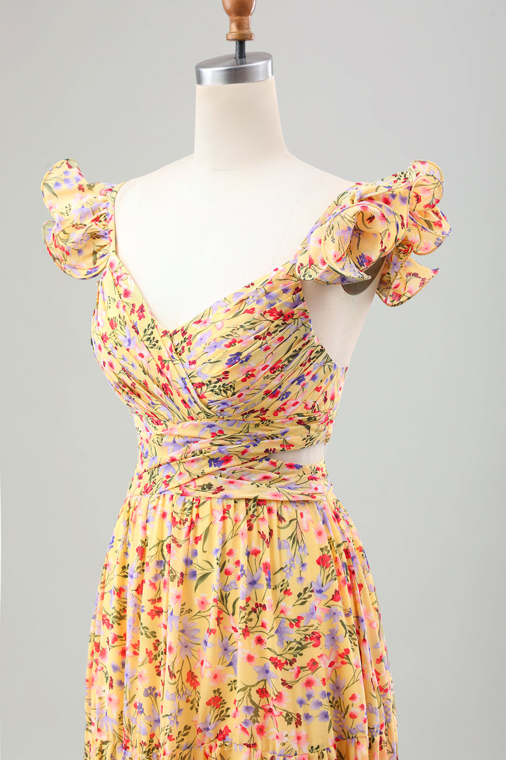 Gelbe Blume A Linie V-Ausschnitt Print Plissee Hochzeitsgastkleid mit Schlitz