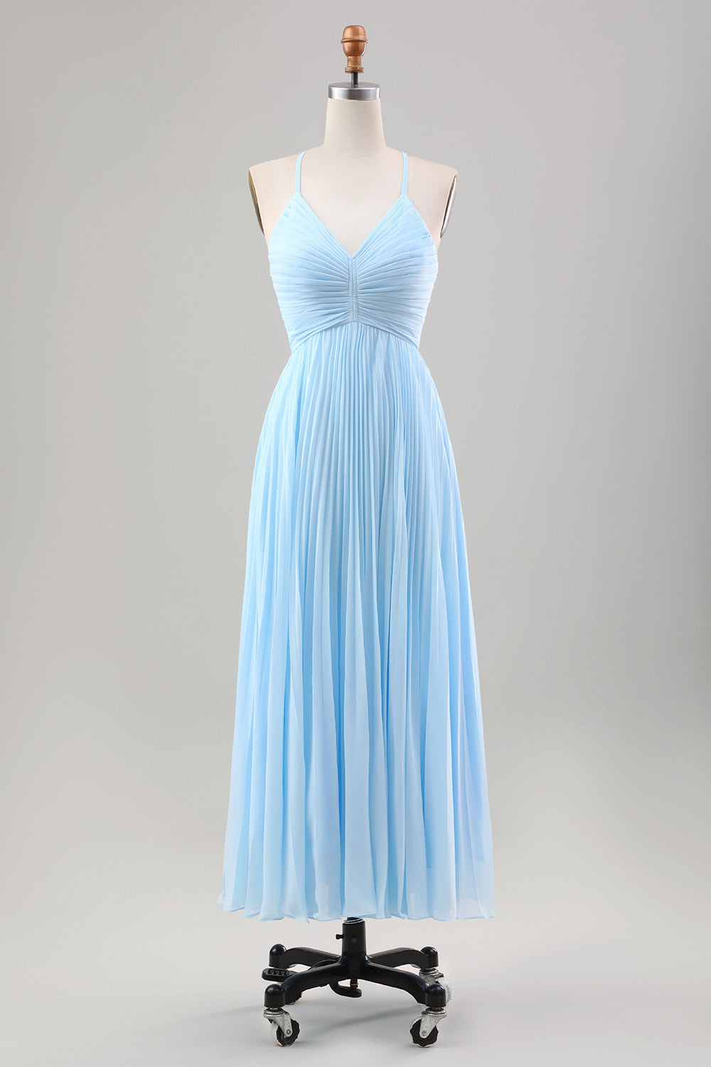 Himmelblaues A-Linie Plissee Chiffon Hochzeitsgastkleid