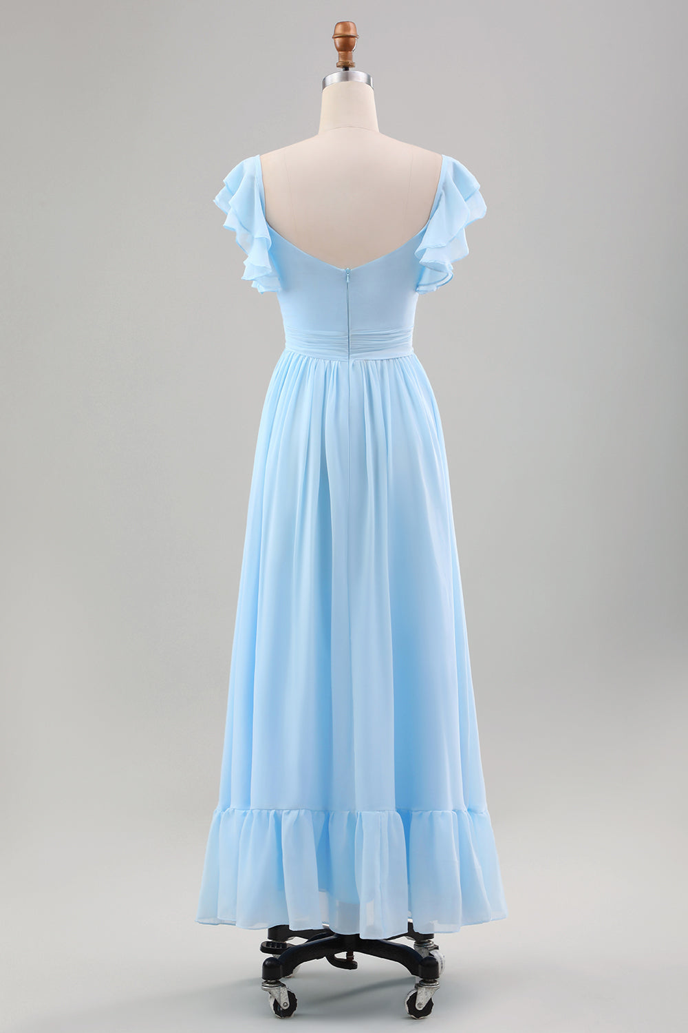 Himmelblaues A-Linie Chiffon Hochzeitsgastkleid mit Rüschenärmeln
