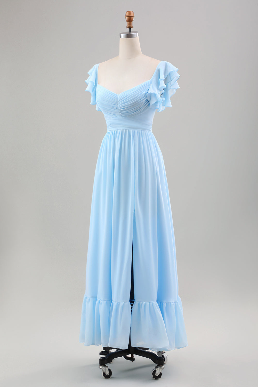 Himmelblaues A-Linie Chiffon Hochzeitsgastkleid mit Rüschenärmeln